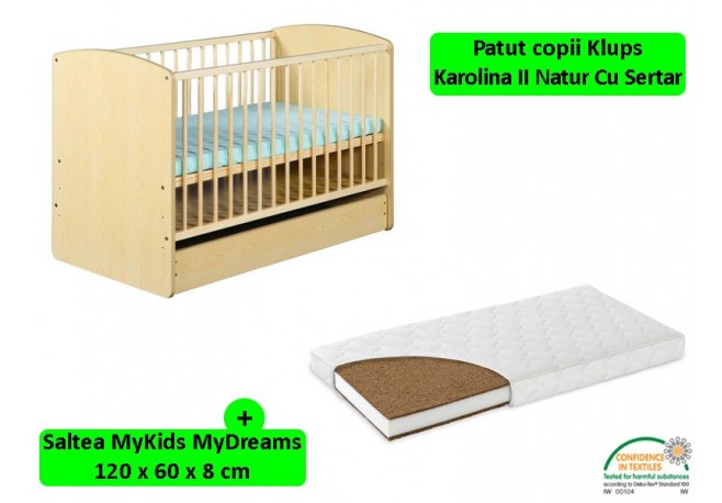 Patut cu sertar Klups Karolina II Natur + Saltea 8 MyKids MyDreams II