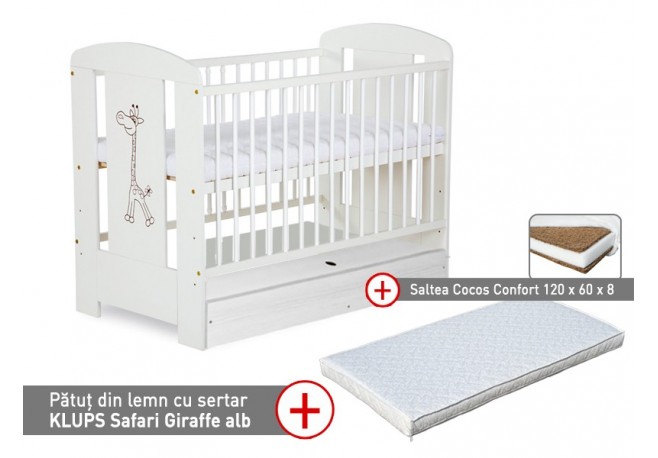 Patut cu sertar KLUPS Safari Giraffe Alb + Saltea 8 Confort II