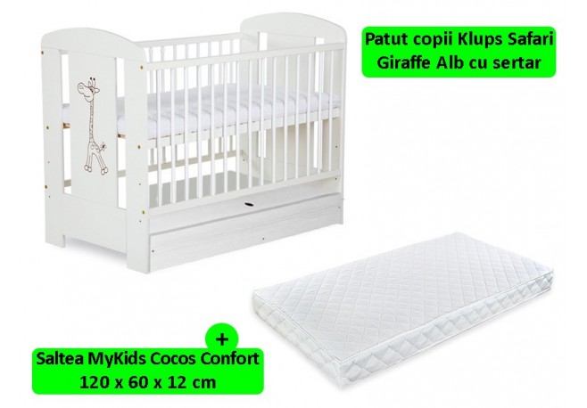 Patut Cu Sertar Klups Safari Giraffe Alb + Saltea 12 MyKids