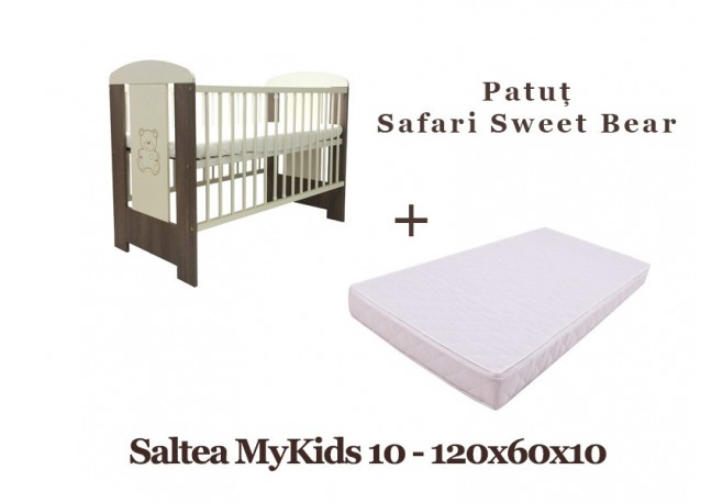 Patut copii Klups Safari Sweet Bear + Saltea MyKids Basic II 10cm