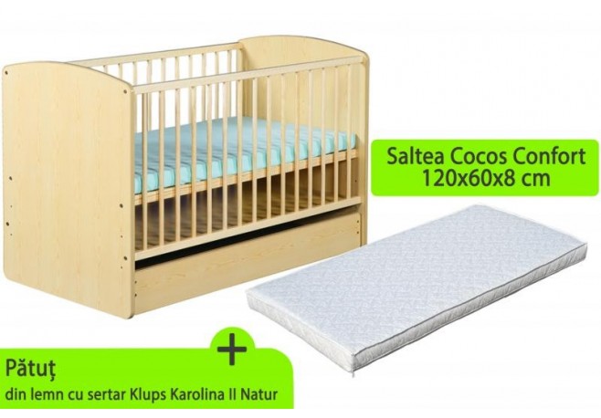 Patut cu sertar KLUPS Karolina II Natur + Saltea 8 MyKids Confort II