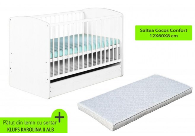 Patut cu sertar KLUPS Karolina II Alb + Saltea 8 MyKids Confort II
