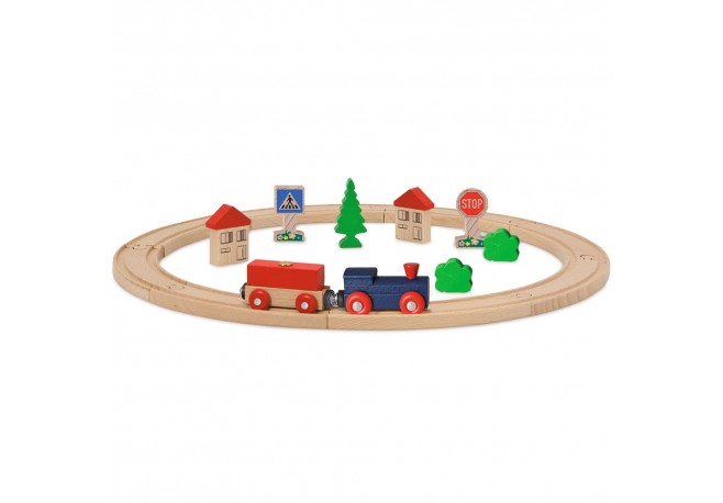 Set din lemn Eichhorn Tren albastru cu sina circulara si accesorii