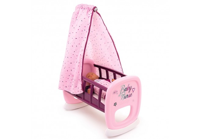 Leagan pentru papusa Smoby Baby Nurse roz mov cu baldachin