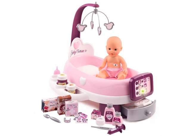 Set cadita si accesorii pentru papusi Smoby Baby Nurse Nursery mov