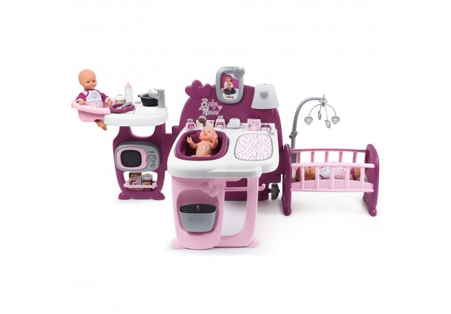 Centru de ingrijire pentru papusi Smoby Baby Nurse Doll`s Play Center mov cu 23 accesorii