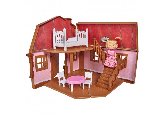 Casuta pliabila cu 2 nivele pentru papusi Simba Masha and The Bear cu papusa Masha si accesorii