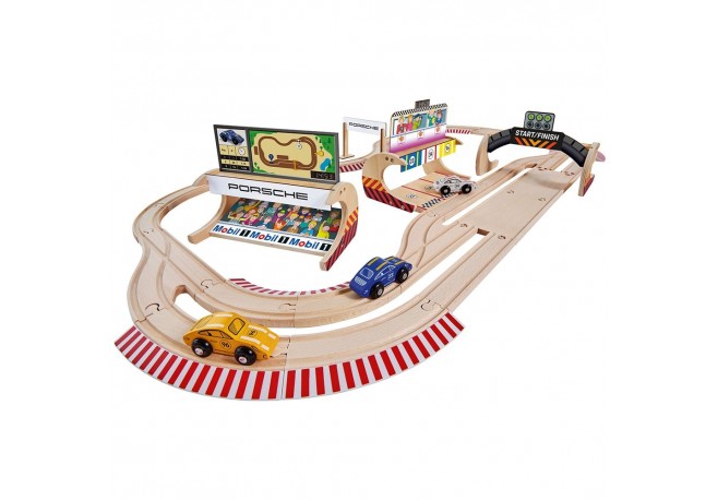 Pista de masini din lemn Eichhorn Porsche Racing cu 3 masinute