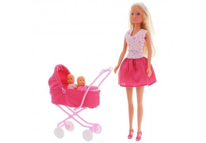 Papusa Simba Steffi Love Sunshine Twins 29 cm roz cu carucior si accesorii