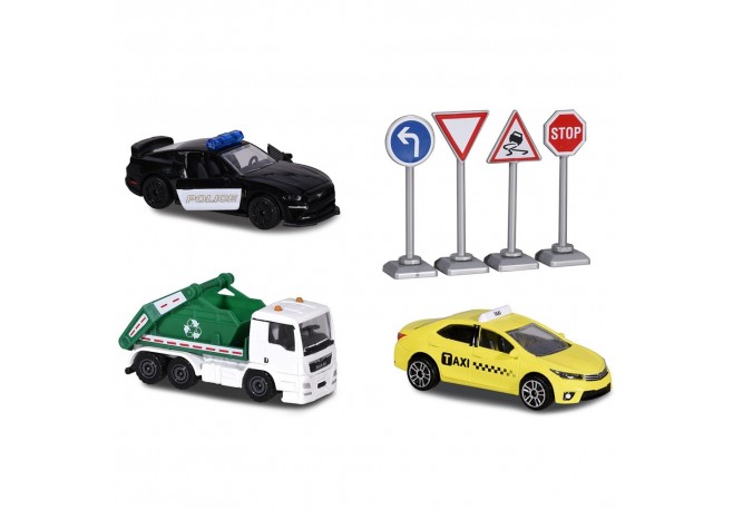 Set Majorette Diorama City cu 3 masinute si 4 indicatoare rutiere