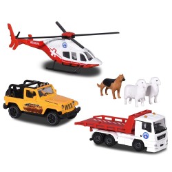 Set Majorette Diorama Mountain Rescue cu 2 masinute 1 elicopter si 3 figurine