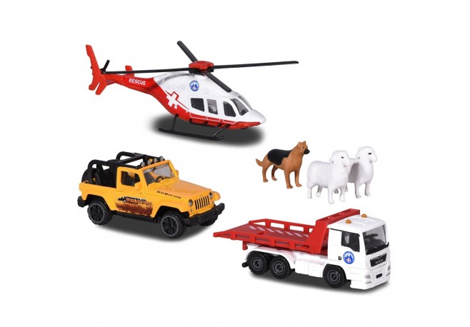 Set Majorette Diorama Mountain Rescue cu 2 masinute 1 elicopter si 3 figurine