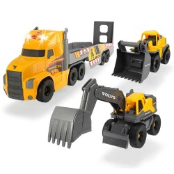 Camion Dickie Toys Mack Volvo Heavy Loader Truck cu remorca buldozer si camion basculant