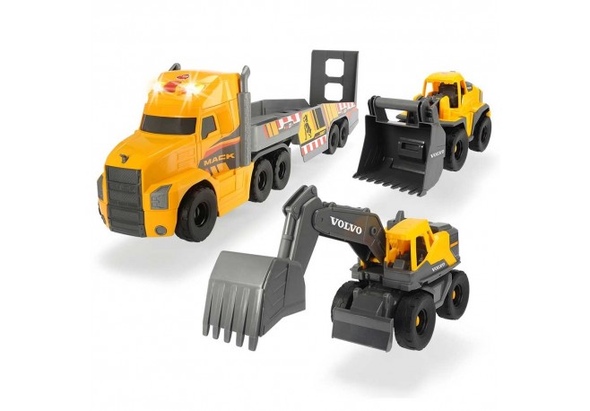 Camion Dickie Toys Mack Volvo Heavy Loader Truck cu remorca buldozer si camion basculant