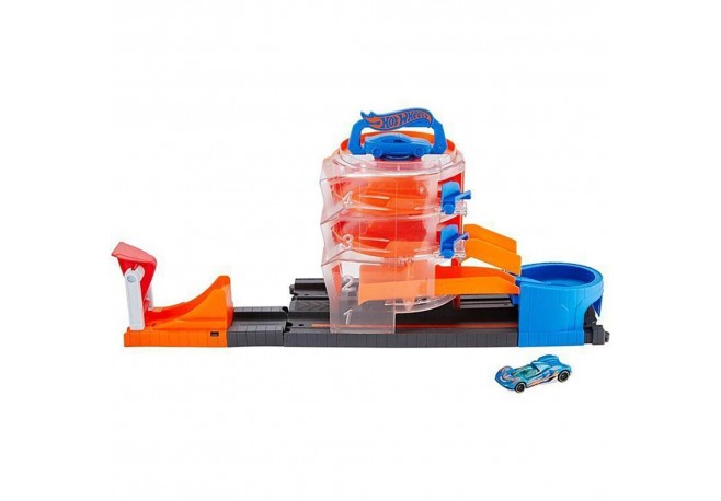Pista de masini Hot Wheels by Mattel City Spin Dealership cu 1 masinuta