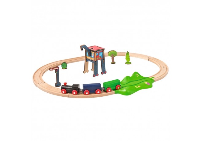 Set din lemn Eichhorn Tren cu sina ovala si accesorii