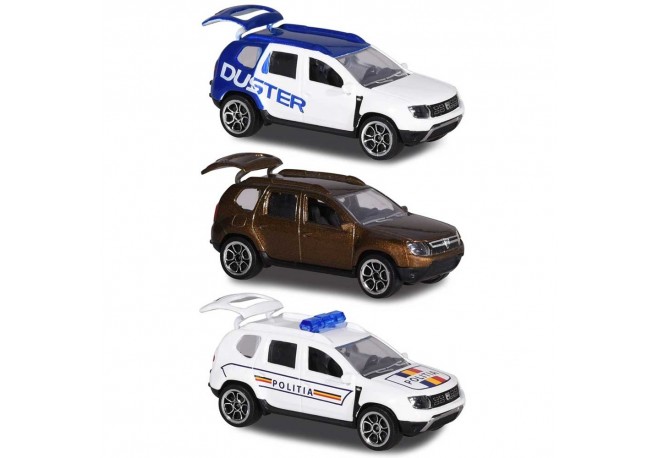 Set Majorette Dacia Duster masina alb albastru masina maro si masina de politie