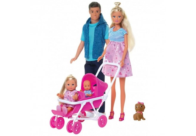 Set Simba Steffi Love Welcom Surprise Family papusa Steffy 29 cm papusa Kevin 29 cm papusa Evi 12 cm si accesorii