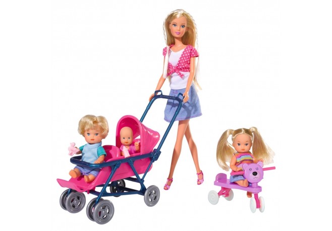 Papusa Simba Steffi Love 29 cm Baby World in bluza cu buline cu 2 copii 1 bebelus si accesorii