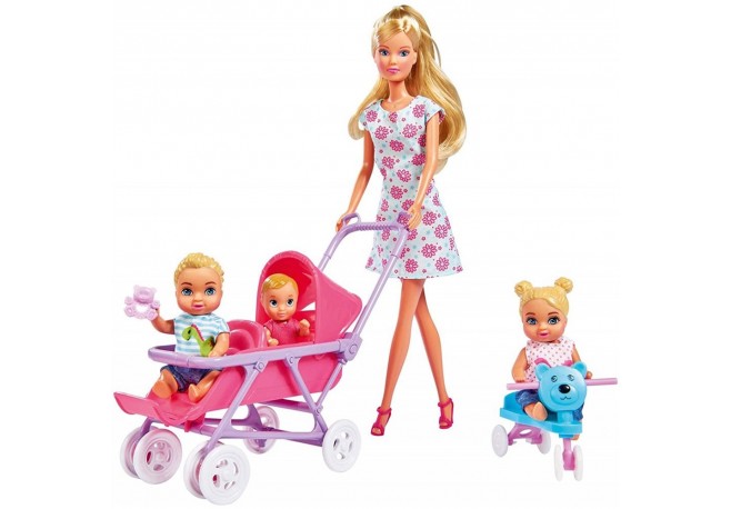 Papusa Simba Steffi Love 29 cm Baby World in rochie cu floricele cu 2 copii 1 bebelus si accesorii