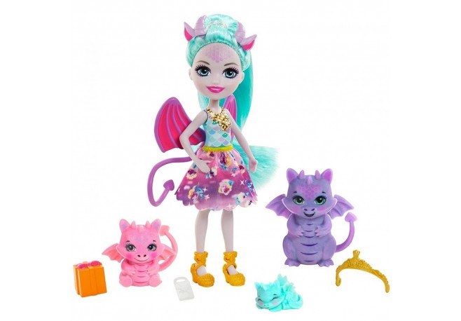 Papusa Enchantimals by Mattel Deanna Dragon Family cu 3 figurine si accesorii