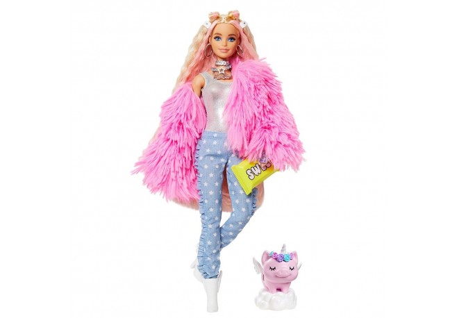 Papusa Barbie by Mattel Extra Style Fluffy Pinky GRN28 cu figurina si accesorii