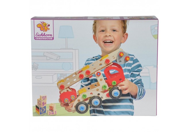 Set constructie din lemn Eichhorn Fire Truck 3 in 1 155 piese