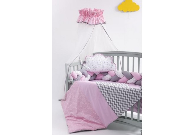 Lenjerie MyKids 8 piese Gray-Pink cu baldachin 120x60 cm