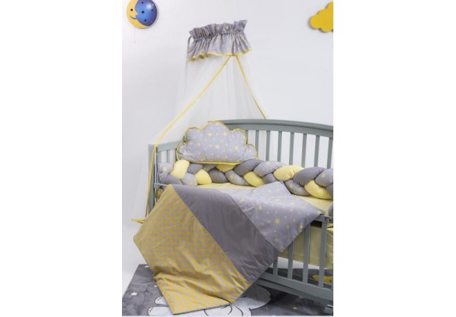 Lenjerie MyKids 8 piese Gray-Yellow cu baldachin 120x60 cm