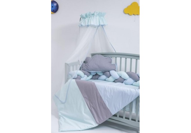 Lenjerie MyKids 8 piese Gray-Blue cu baldachin 120x60 cm