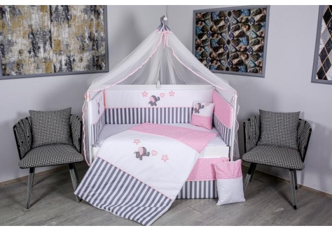 Lenjerie MyKids 11  piese Elephant gri-roz cu baldachin 120x60 cm