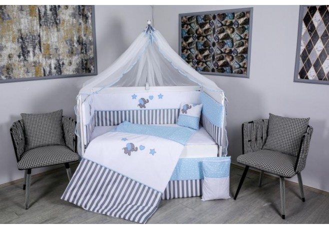 Lenjerie MyKids 11 piese Elephant gri-albastru cu baldachin 120x60 cm