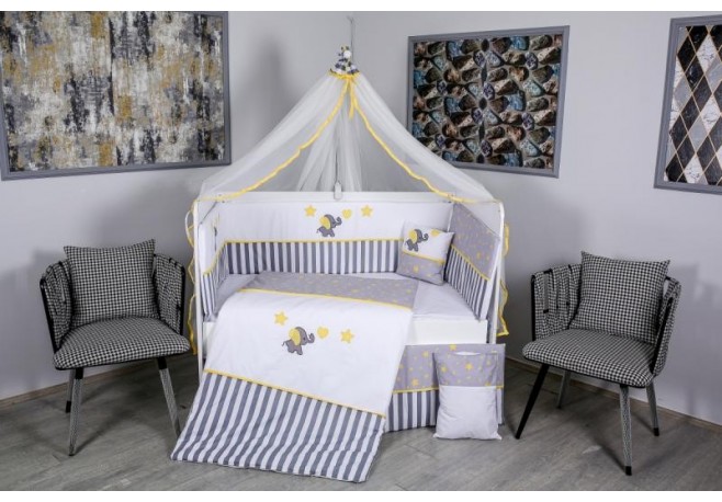 Lenjerie MyKids 9 piese Elephant gri-galben fara baldachin 120x60 cm