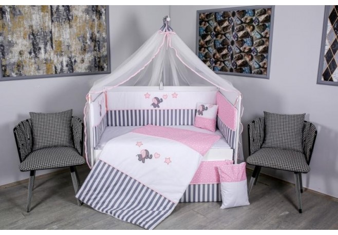 Lenjerie MyKids 9 piese Elephant gri-roz fara baldachin 120x60 cm