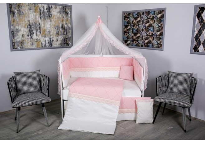 Lenjerie MyKids 9 piese Squars alb-roz cu baldachin 120x60 cm