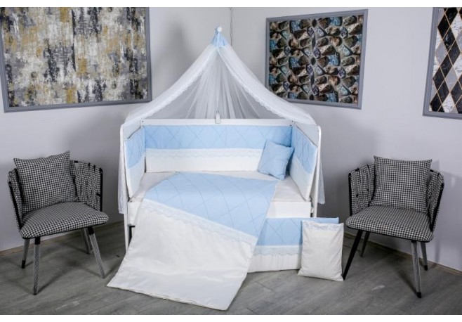 Lenjerie MyKids 9 piese Squars alb-albastru cu baldachin 120x60 cm