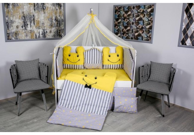 Lenjerie MyKids 10 piese Figures gri-galben fara baldachin 120x60 cm