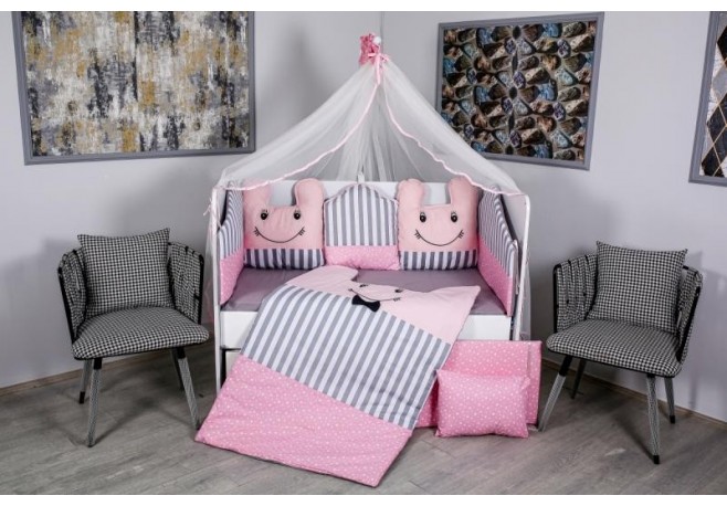 Lenjerie MyKids 10 piese Figures gri-roz fara baldachin 120x60 cm