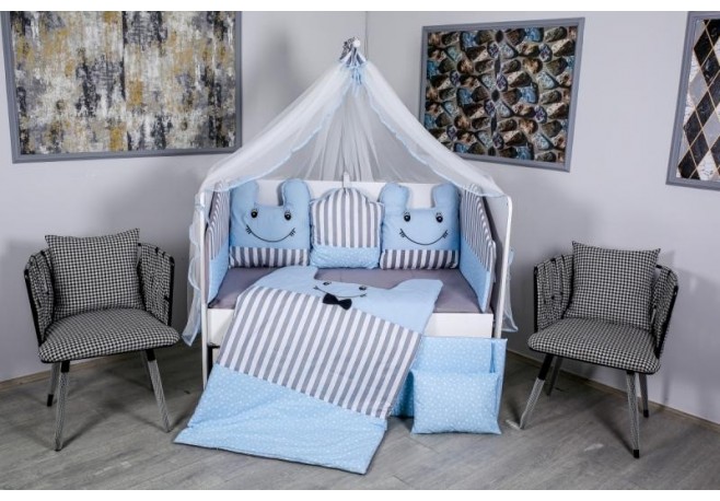 Lenjerie MyKids 10 piese Figures gri-albastru fara baldachin 120x60 cm