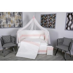 Lenjerie MyKids 11 piese Cream roz cu baldachin 120x60 cm