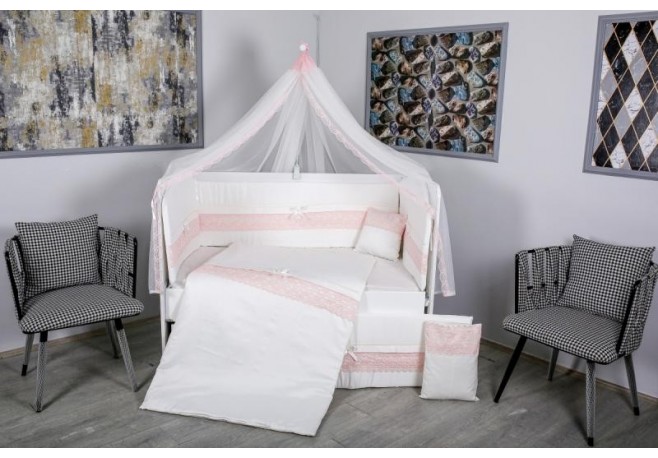 Lenjerie MyKids 11 piese Cream roz cu baldachin 120x60 cm