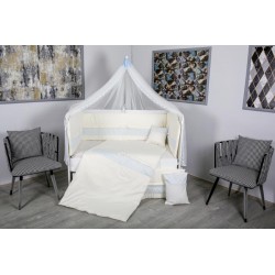 Lenjerie MyKids 11 piese Cream albastru cu baldachin 120x60 cm