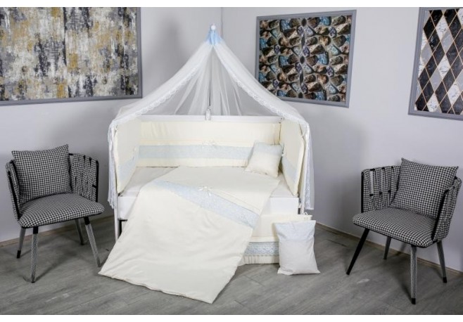 Lenjerie MyKids 11 piese Cream albastru cu baldachin 120x60 cm