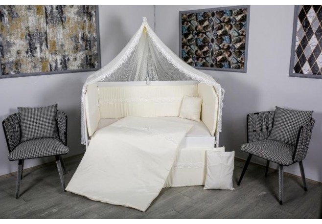Lenjerie MyKids 11 piese Cream color cu baldachin 120x60 cm