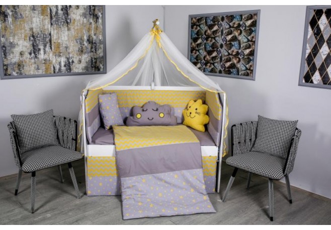 Lenjerie MyKids 10 piese Cloud gri-galben fara baldachin 120x60 cm