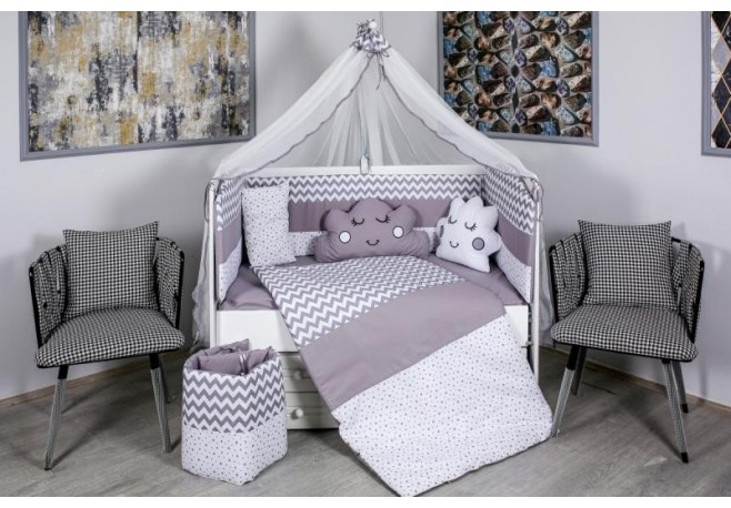 Lenjerie MyKids 10 piese Cloud gri-alb fara baldachin 120x60 cm