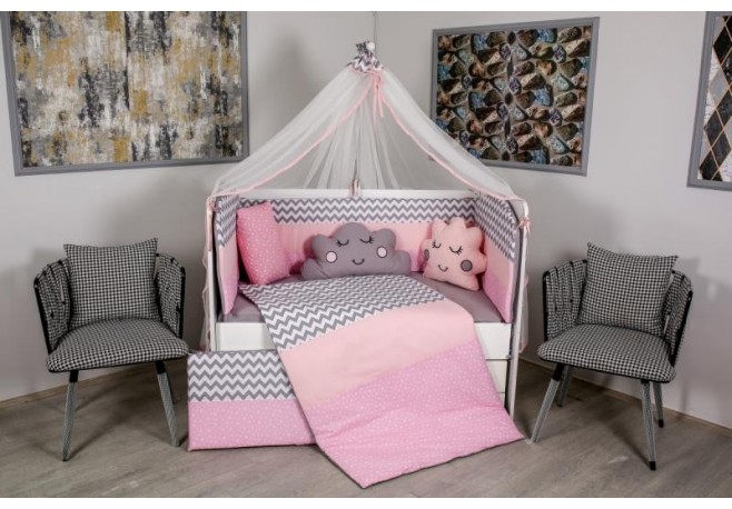 Lenjerie MyKids 10 piese Cloud gri-roz fara baldachin 120x60 cm