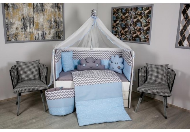 Lenjerie MyKids 10 piese Cloud gri-albastru fara baldachin 120x60 cm