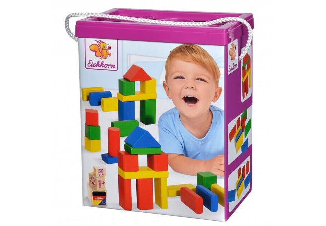 Jucarie Eichhorn Cuburi in galetusa Coloured Wooden Blocks 50 piese