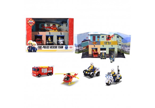 Pista de masini Dickie Toys Fireman Sam Sam Fire Rescue Team cu 3 masinute 1 elicopter si 2 figurine